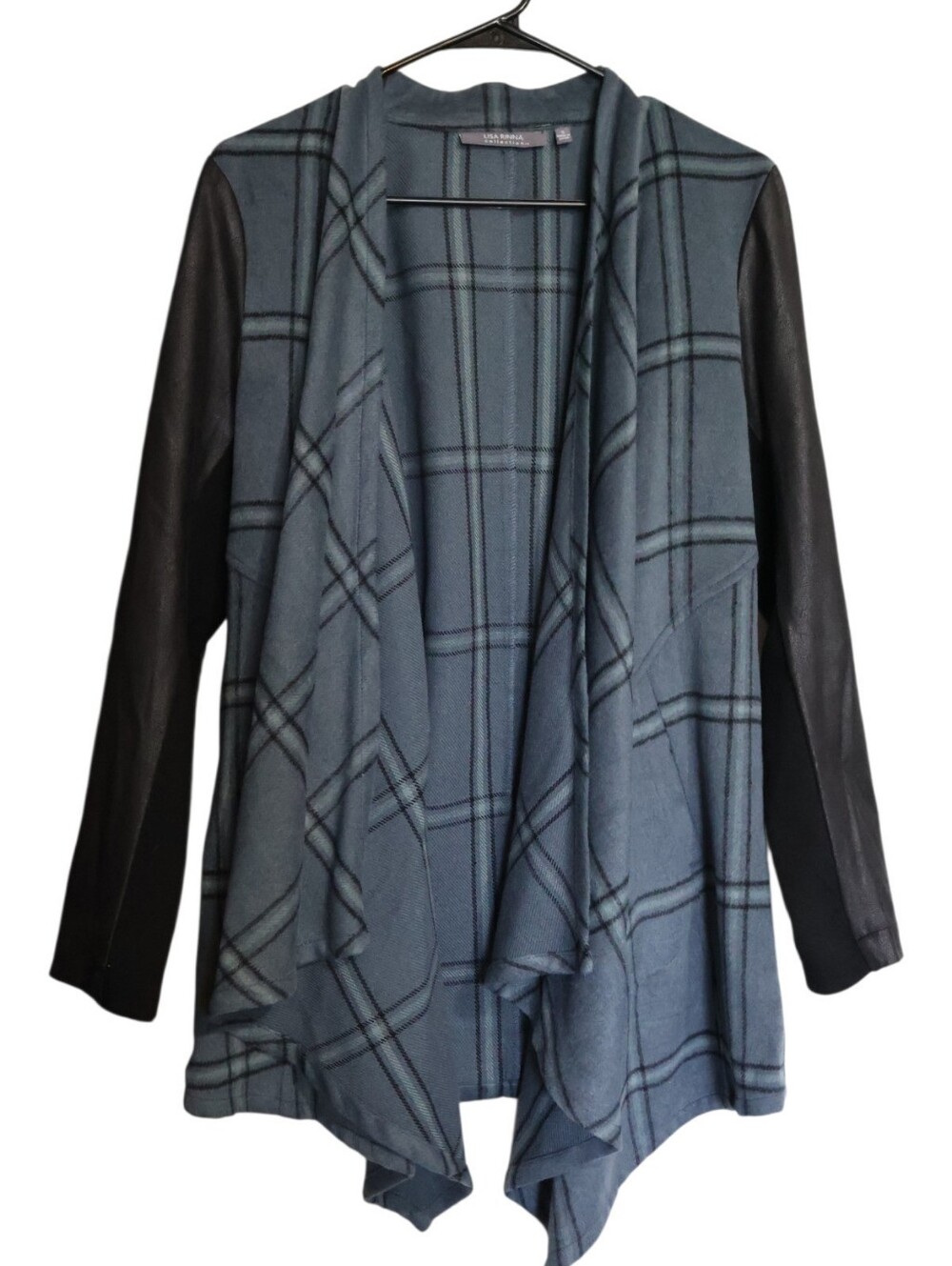 Lisa Rinna Grey Blue Plaid Draped Cardigan with Black Faux Leather Sleeves Small